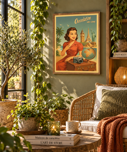 Affiche Voyagez vintage encadrée dans un intérieur cosy – décoration murale Pais Chocolatine