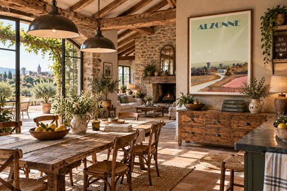 Affiche Alzonne vintage encadrée dans un intérieur campagnard en pierre – décoration murale Occitanie Pais Chocolatine