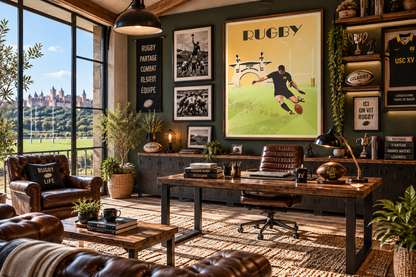 Affiche Rugby vintage dans un bureau de passionné – poster Carcassonne Stade Albert Domec et sport en Occitanie Pais Chocolatine