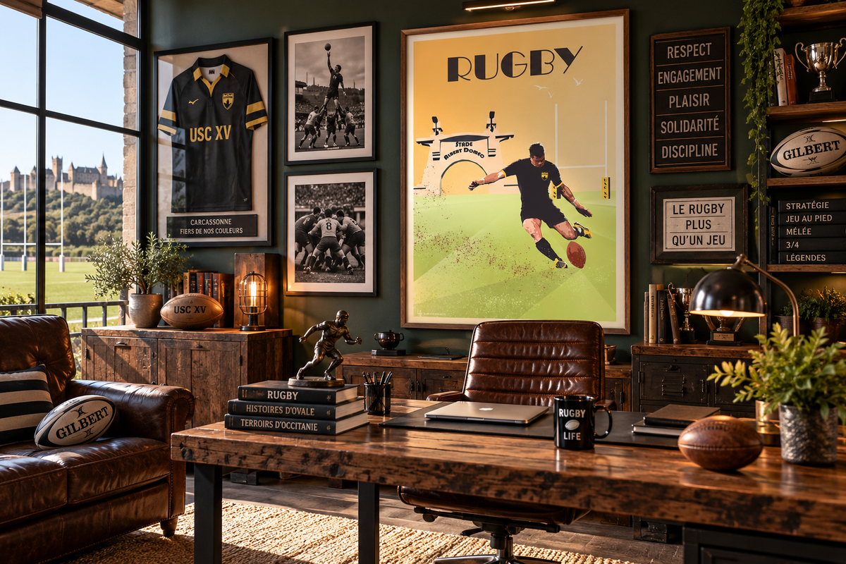 Affiche Rugby Carcassonne encadrée dans un bureau ambiance ballon ovale – décoration murale Stade Albert Domec Pais Chocolatine