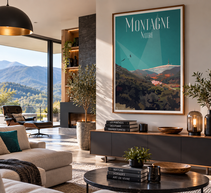 Affiche Montagne Noire encadrée dans un intérieur design moderne – décoration murale Cabrespine et Pic de Nore Pais Chocolatine