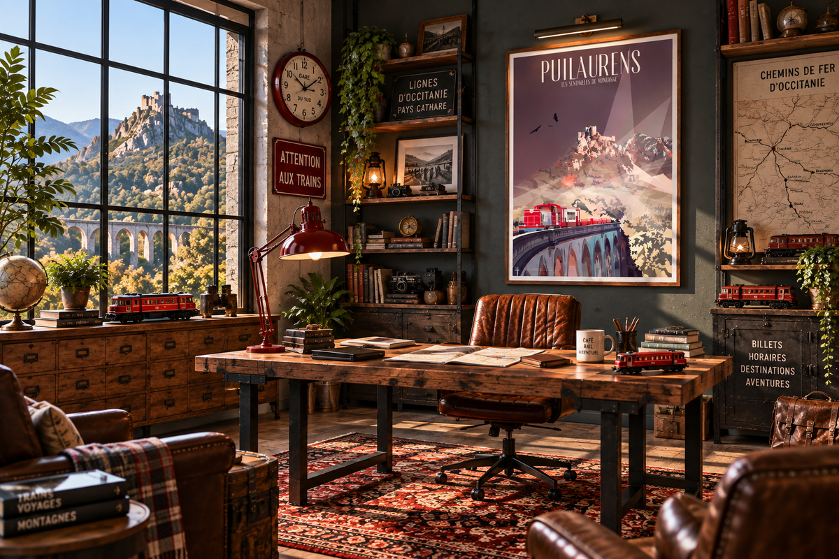 Affiche Puilaurens vintage dans un bureau de passionné de trains – poster château cathare, Aude et Pyrénées Pais Chocolatine