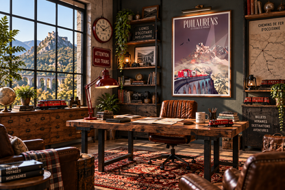 Affiche Puilaurens vintage dans un bureau de passionné de trains – poster château cathare, Aude et Pyrénées Pais Chocolatine