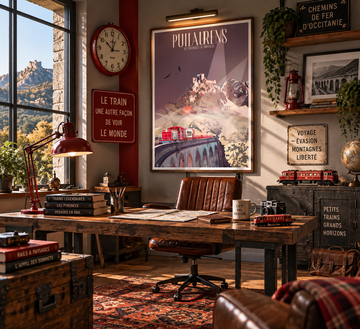 Affiche Puilaurens encadrée dans un bureau ambiance train rouge vintage – décoration château cathare Pais Chocolatine
