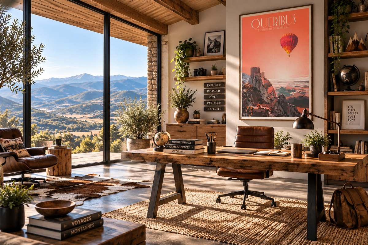 Affiche Quéribus vintage dans un bureau chaleureux – poster Pays Cathare, montagne et montgolfière Pais Chocolatine