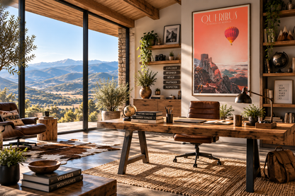 Affiche Quéribus vintage dans un bureau chaleureux – poster Pays Cathare, montagne et montgolfière Pais Chocolatine