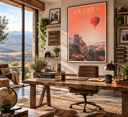 Affiche Quéribus encadrée dans un bureau nature et grands espaces – décoration murale château cathare Pais Chocolatine