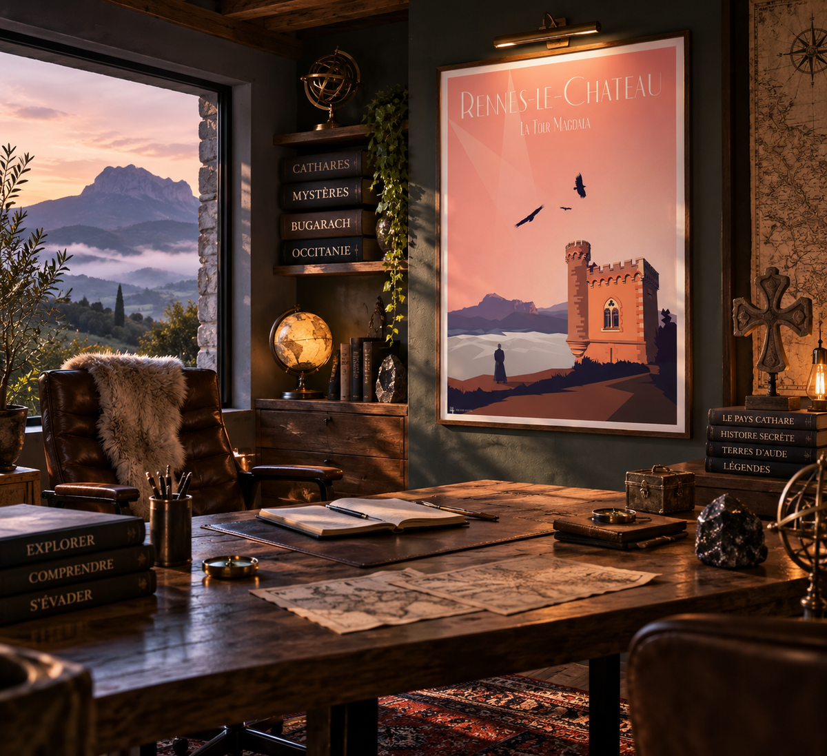 Affiche Rennes-le-Château encadrée dans un bureau ambiance mystère – décoration Tour Magdala et Pays Cathare Pais Chocolatine