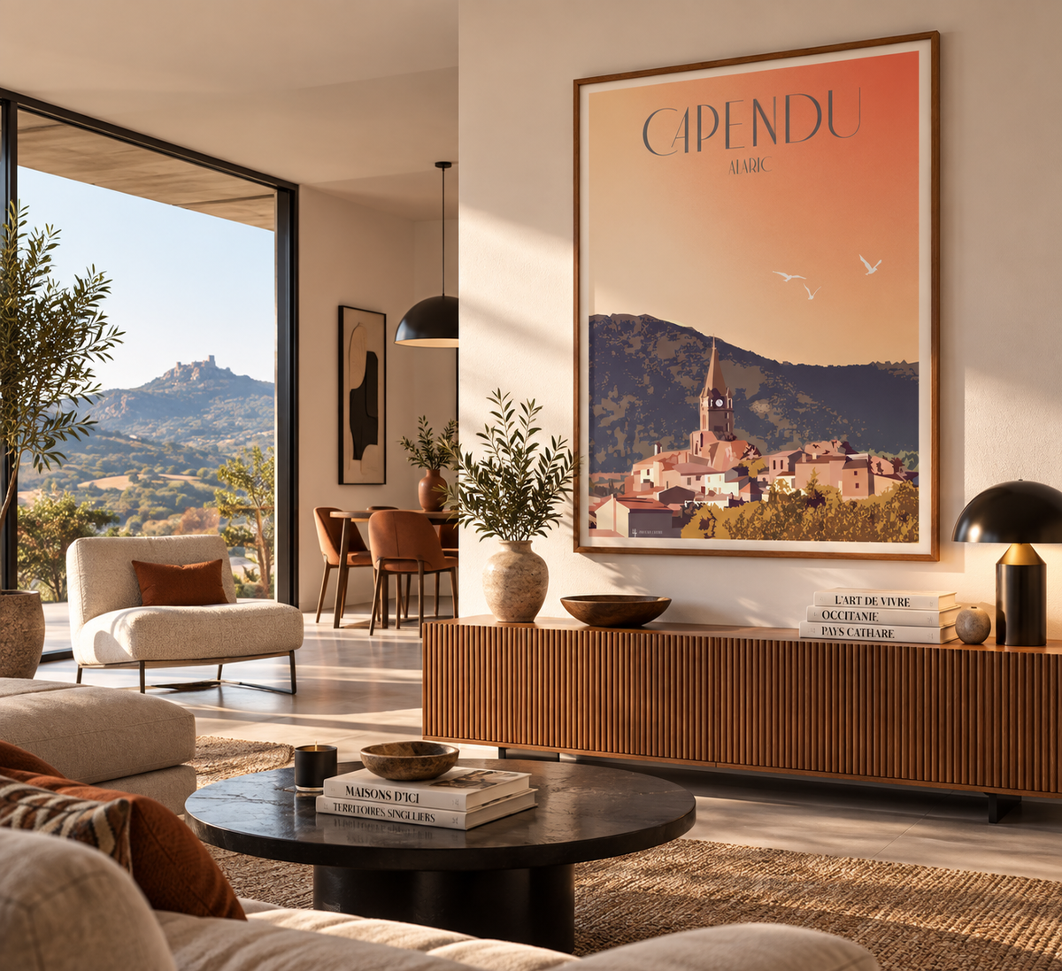 Affiche Capendu encadrée dans un intérieur design moderne – décoration murale village de l’Aude et Alaric Pais Chocolatine