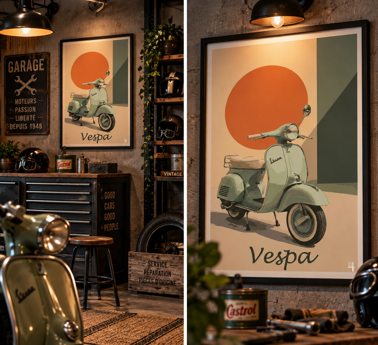 Affiche Vespa présentée dans un garage vintage