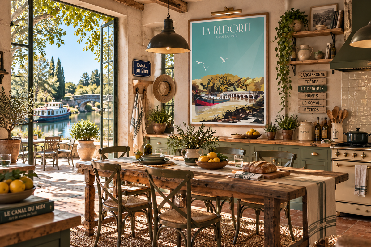 Affiche La Redorte vintage dans une cuisine méditerranéenne – poster Canal du Midi, péniche et Aude Pais Chocolatine