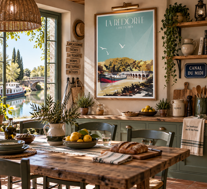 Affiche La Redorte encadrée dans une cuisine esprit Canal du Midi – décoration murale péniche et épanchoir Pais Chocolatine