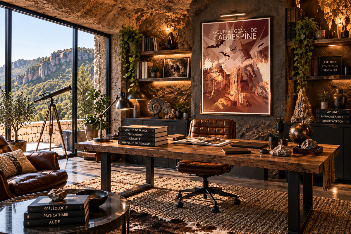 Affiche Gouffre de Cabrespine vintage dans un bureau design – poster Salle Rouge, spéléologie et patrimoine naturel de l’Aude