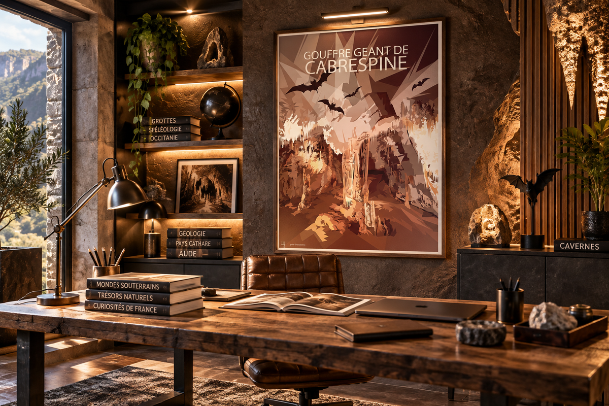 Affiche Gouffre de Cabrespine Salle Rouge encadrée dans un bureau chic ambiance grotte – décoration Pais Chocolatine