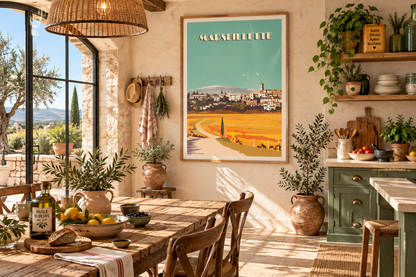 Poster vintage Marseillette présenté dans une cuisine provençale lumineuse, décoration campagne chic avec bois, olivier et ambiance du Sud – Pais Chocolatine