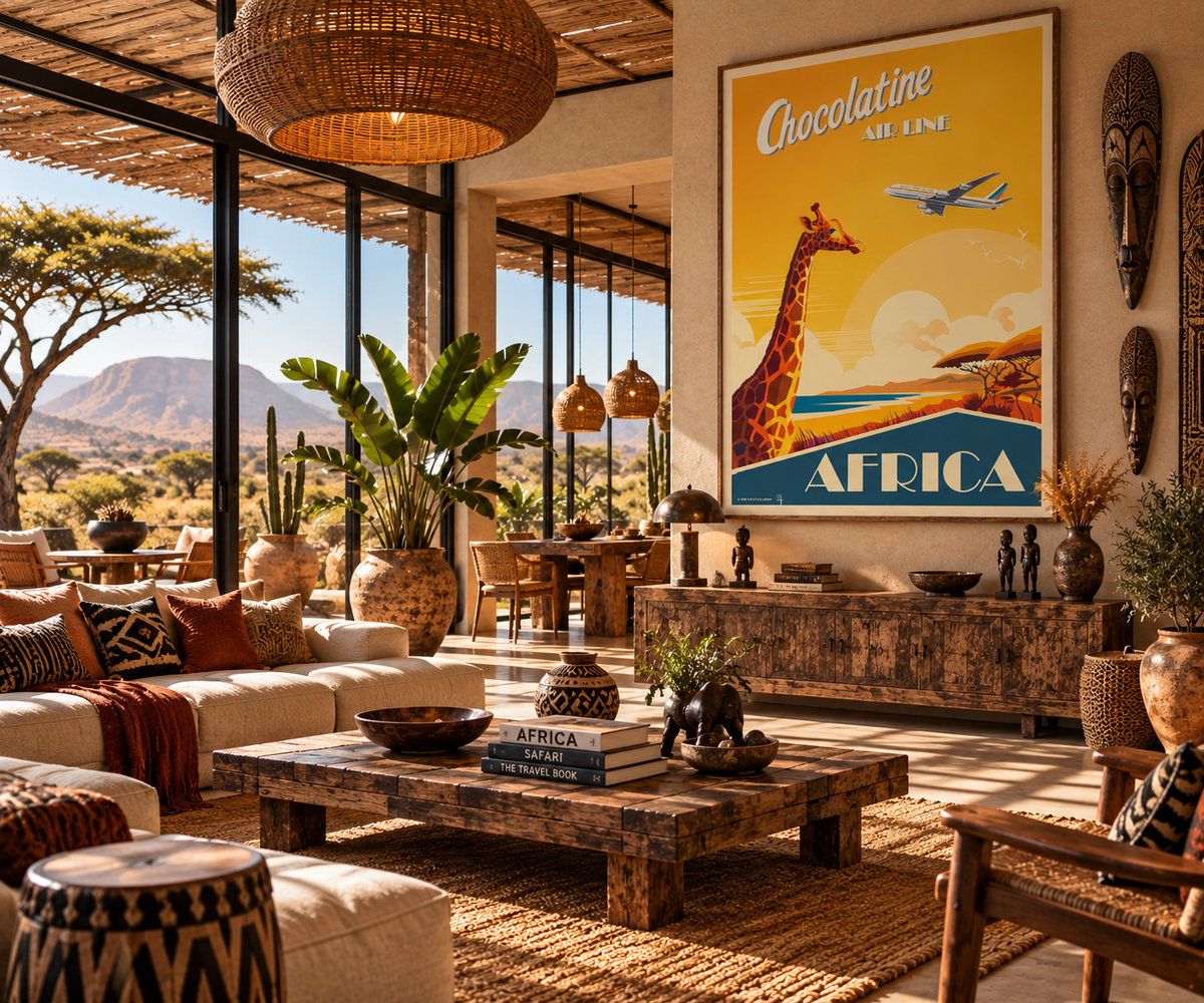 Poster Africa rétro présenté dans un intérieur ambiance Afrique – affiche voyage savane et girafe Pais Chocolatine