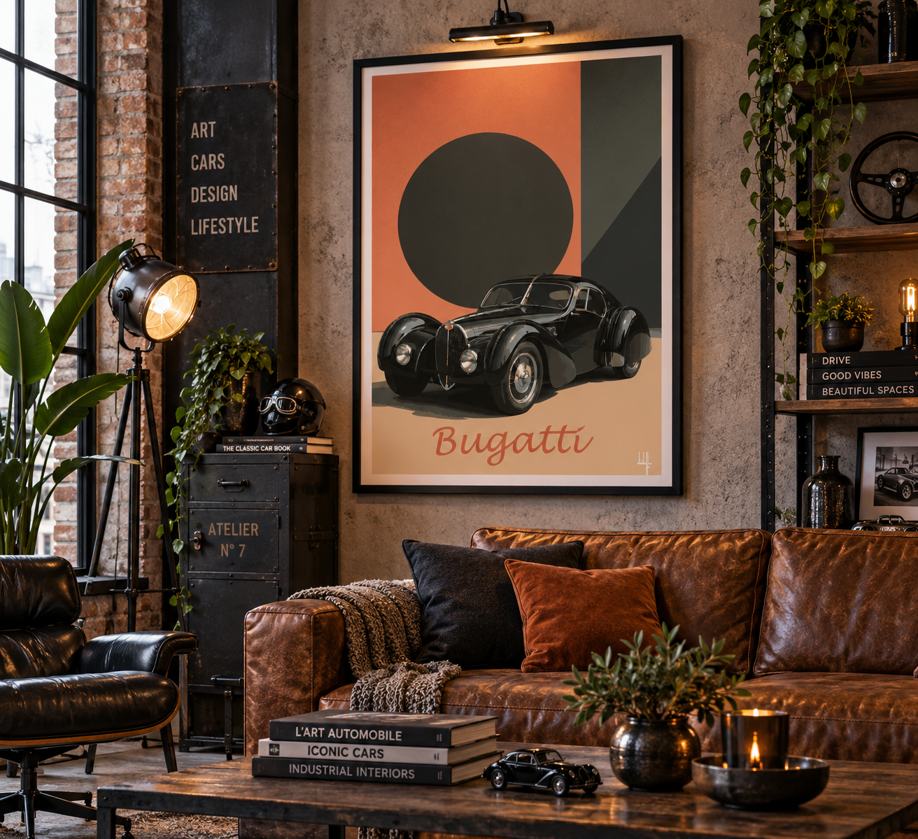 Affiche Bugatti présentée dans un garage vintage