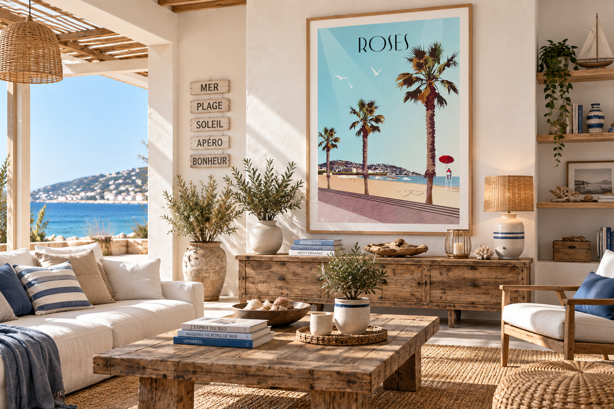 Affiche vintage Roses Costa Brava dans un salon esprit bord de mer avec vue sur la Méditerranée – Pais Chocolatine