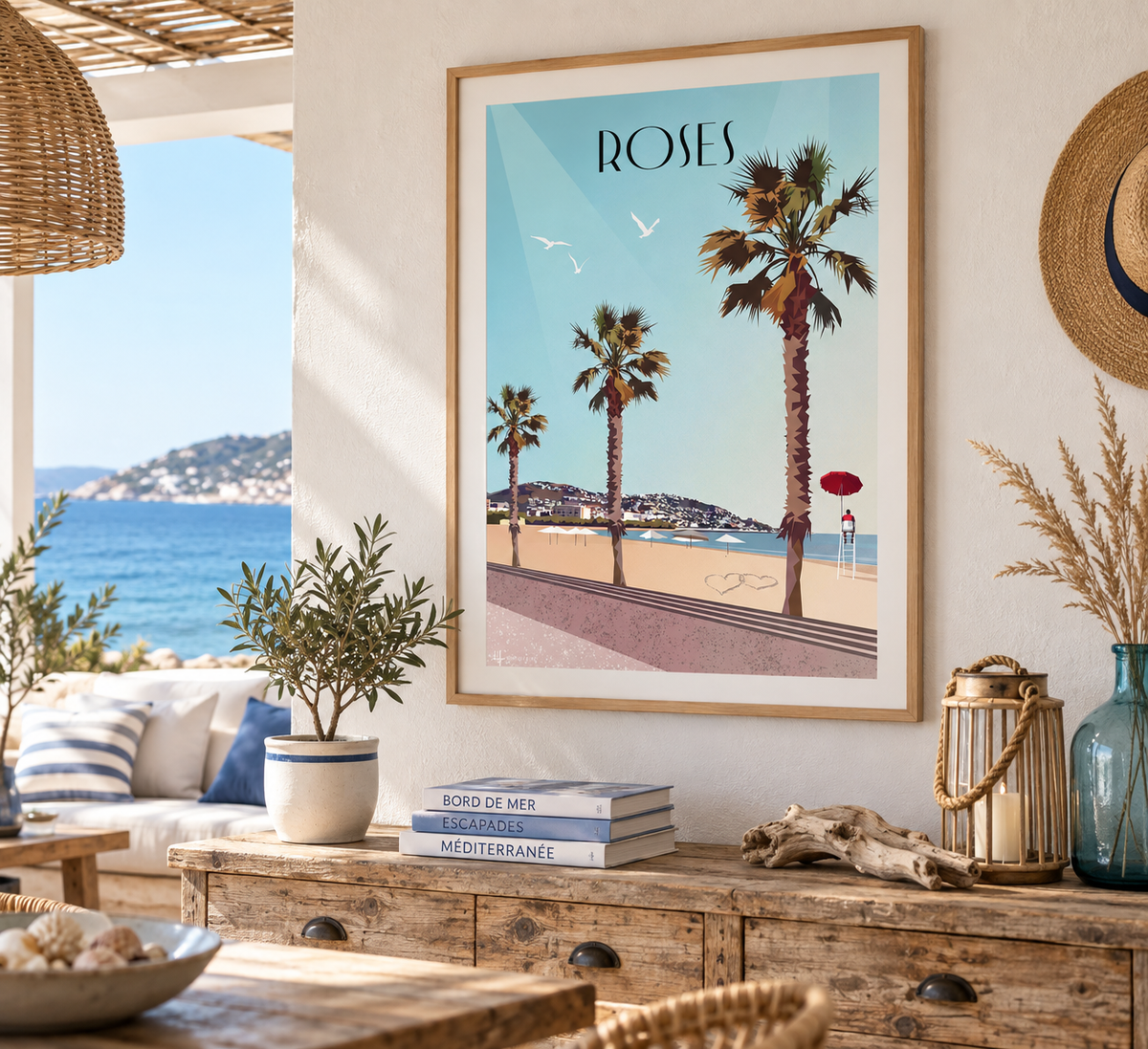 Affiche Roses Costa Brava encadrée dans un intérieur bord de mer méditerranéen – décoration murale vintage Pais Chocolatine