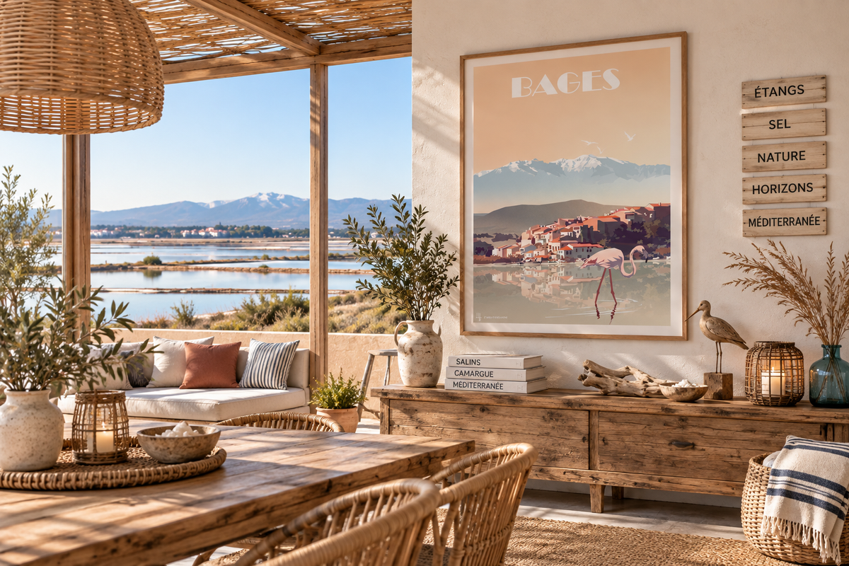 Affiche vintage Bages dans un intérieur méditerranéen avec vue sur les étangs et salins de l’Aude – Pais Chocolatine
