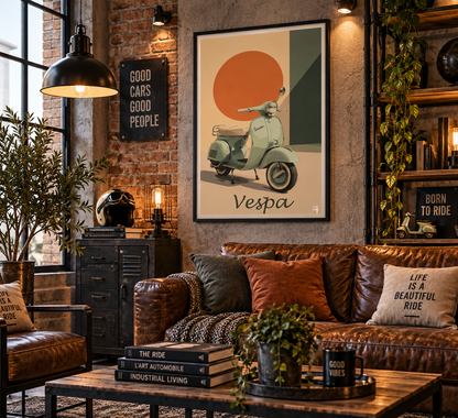 Affiche Vespa dans un salon industriel chic