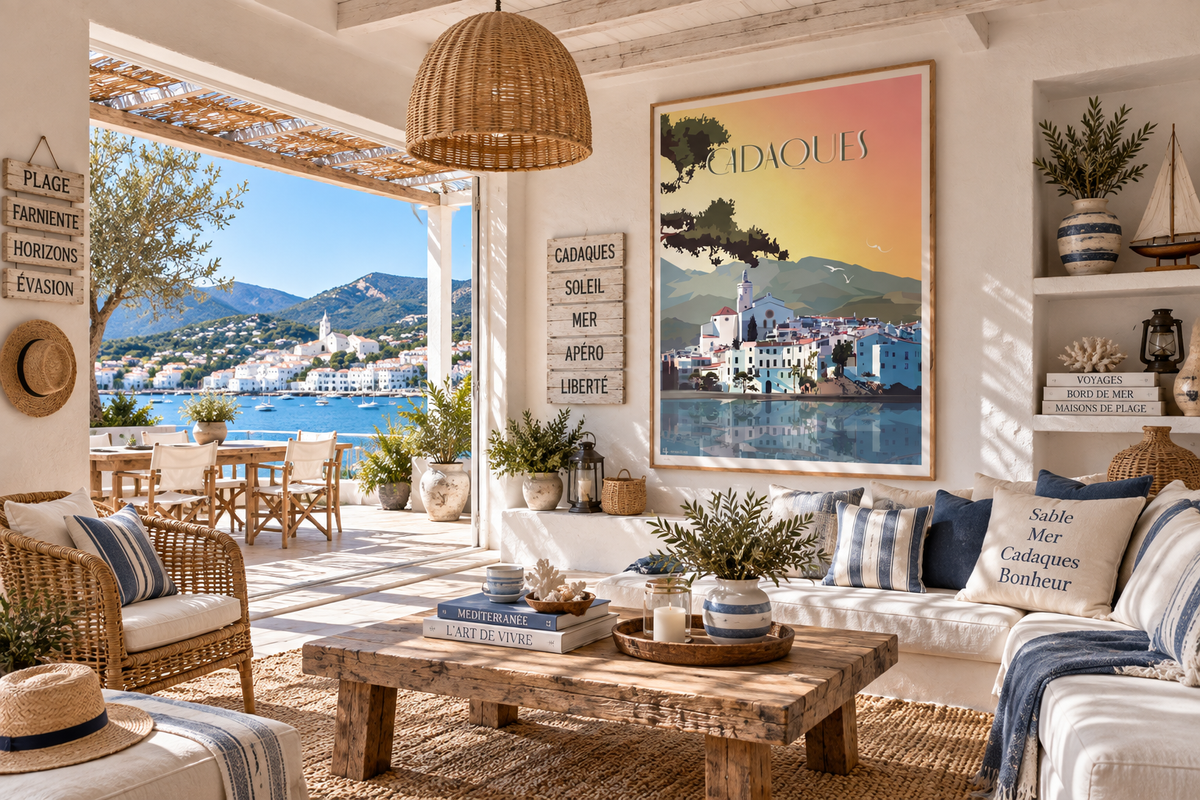 Affiche vintage Cadaqués dans un salon méditerranéen lumineux avec vue sur la mer – décoration Costa Brava Pais Chocolatine