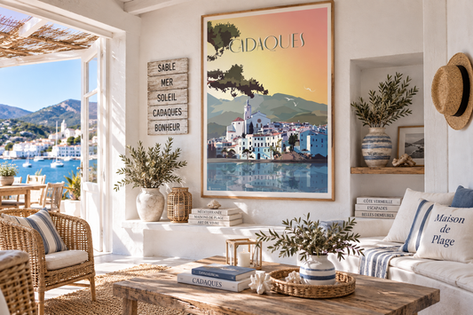 Affiche Cadaqués vintage encadrée dans une maison blanche de plage – décoration méditerranéenne Costa Brava – Pais Chocolatine