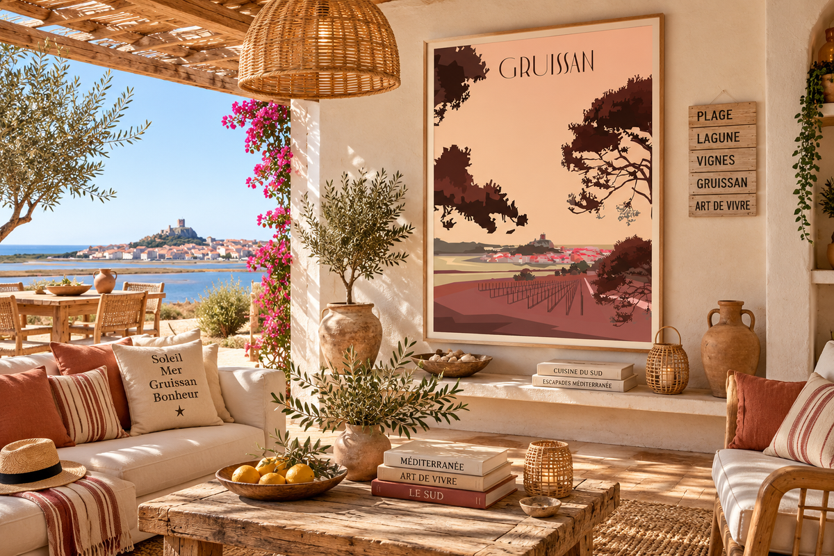 Affiche Gruissan Village vintage encadrée dans un intérieur ensoleillé esprit Méditerranée et Sud de la France – Pais Chocolatine
