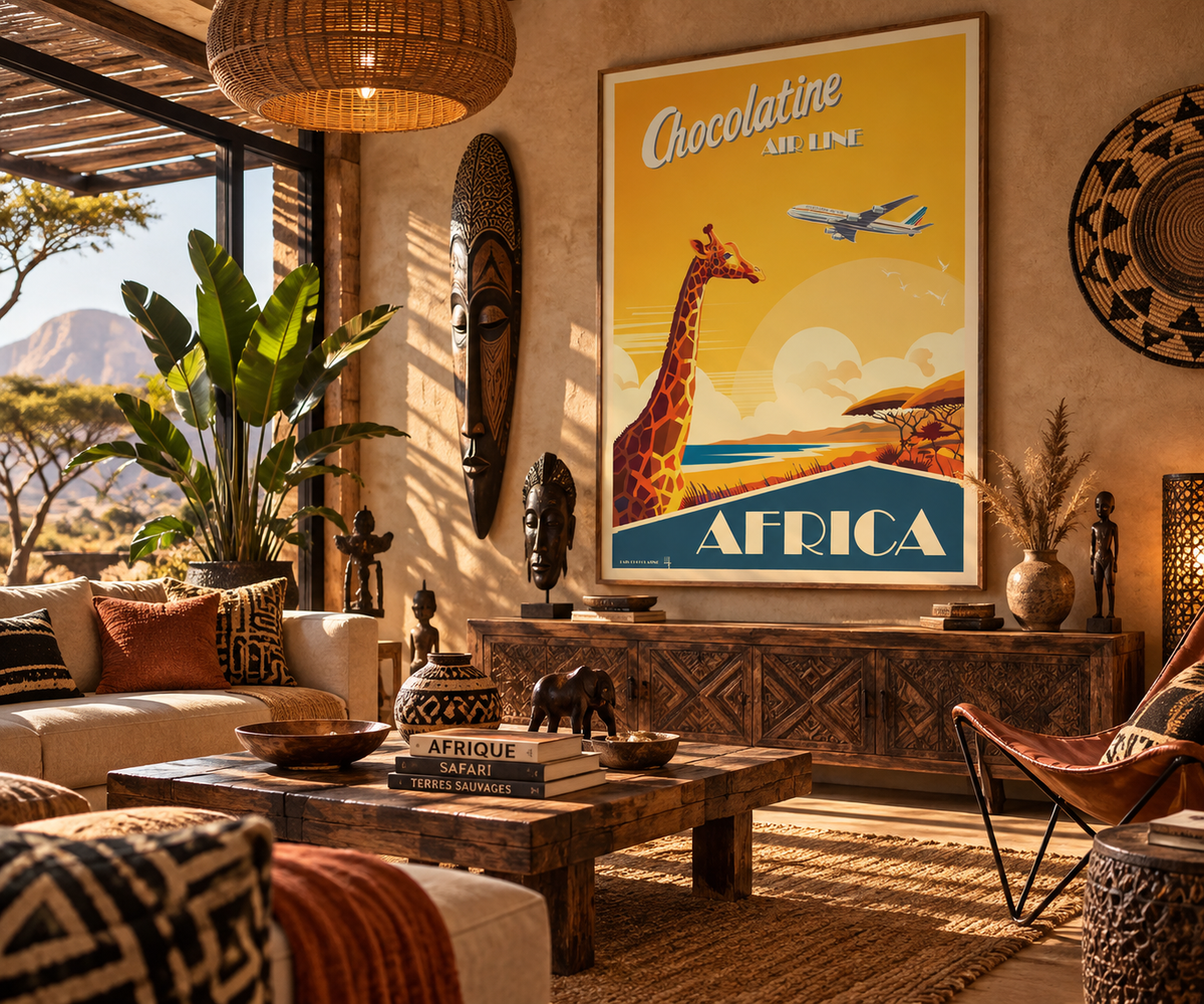Affiche Afrique vintage encadrée dans un intérieur d’inspiration africaine – décoration murale savane Pais Chocolatine
