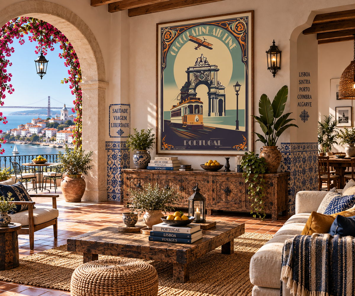 Affiche Portugal vintage encadrée dans un intérieur ambiance Lisbonne – décoration murale voyage Pais Chocolatine