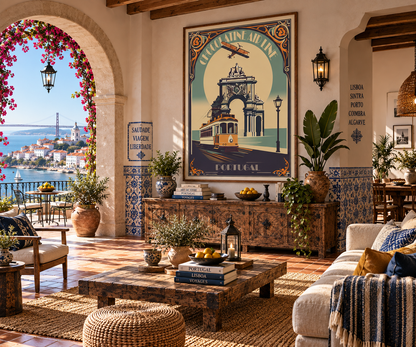 Affiche Portugal vintage encadrée dans un intérieur ambiance Lisbonne – décoration murale voyage Pais Chocolatine