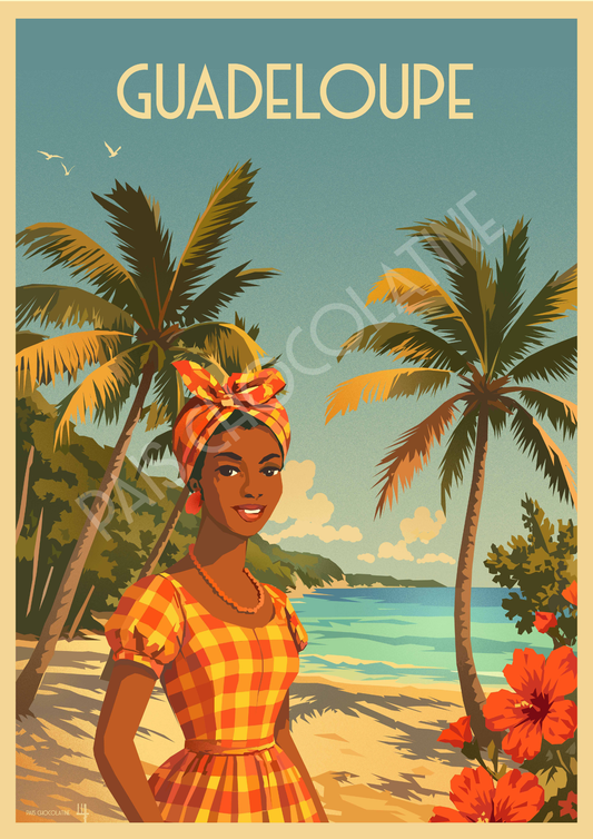 Affiche vintage Guadeloupe – femme créole, plage, palmiers et mer des Caraïbes – poster voyage Pais Chocolatine