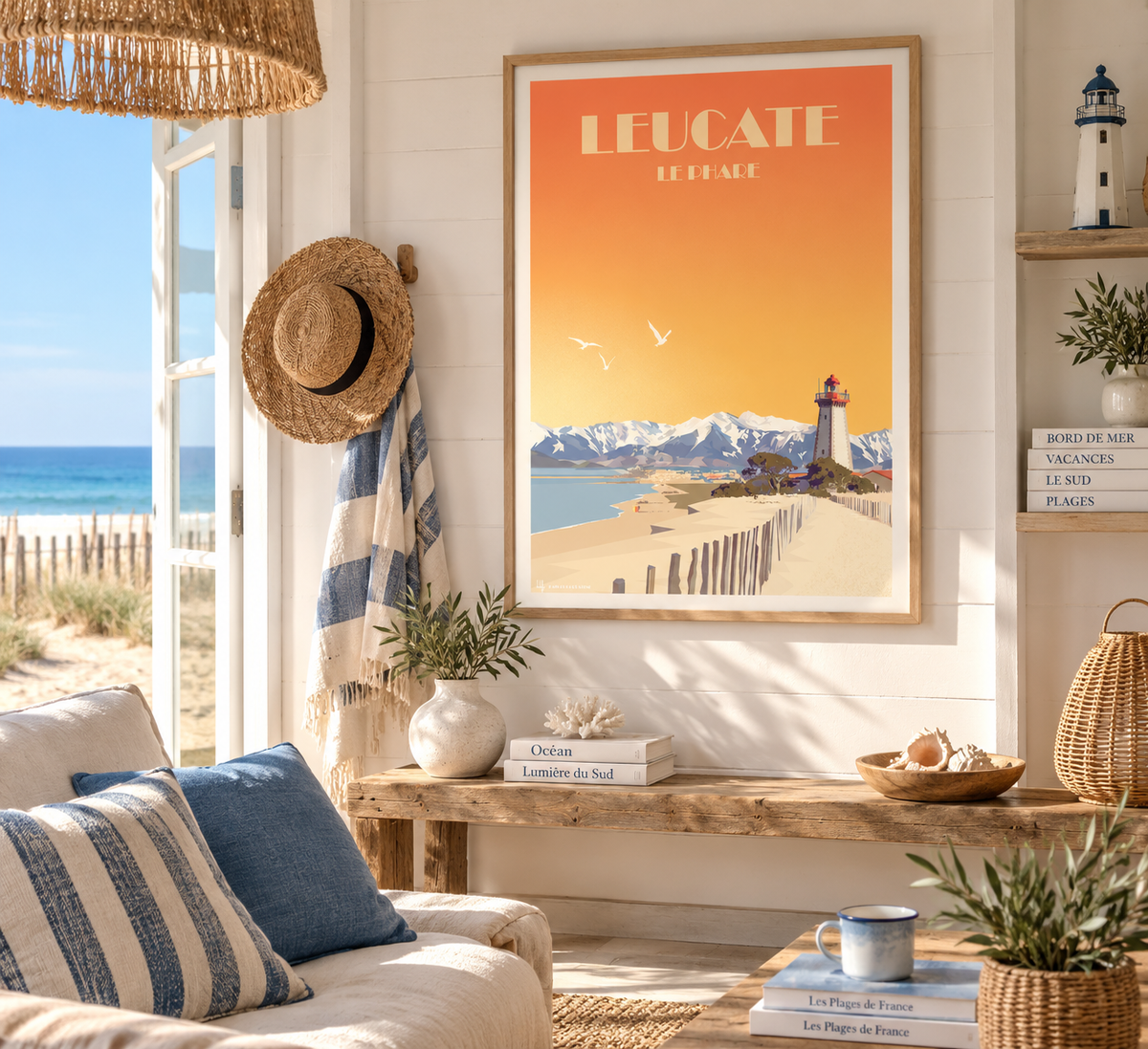 Affiche Leucate vintage encadrée dans un intérieur bord de mer, ambiance vacances, plage et phare