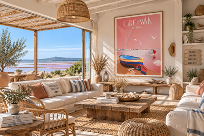 Poster vintage Gruissan Salins présenté dans un intérieur bord de mer avec ambiance plage, salins et Méditerranée