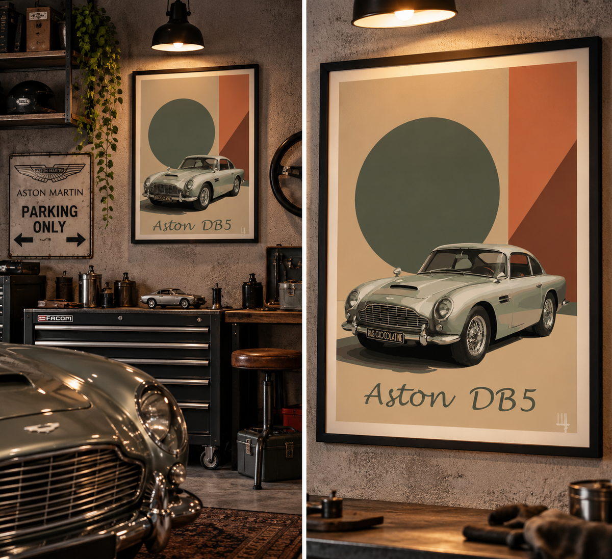 Affiche Aston Martin DB5 présentée dans un garage vintage
