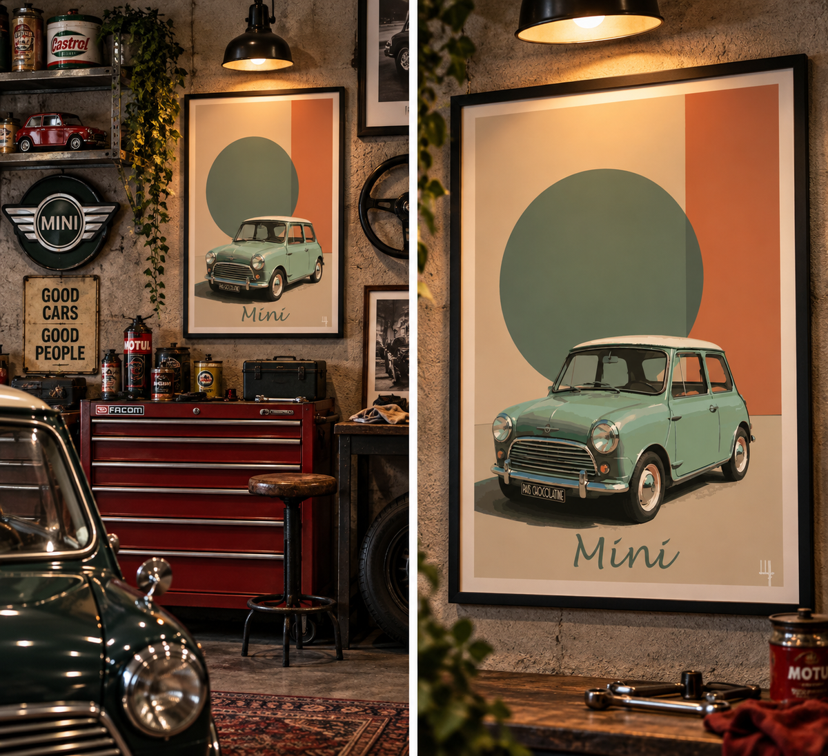 Affiche Mini présentée dans un garage vintage