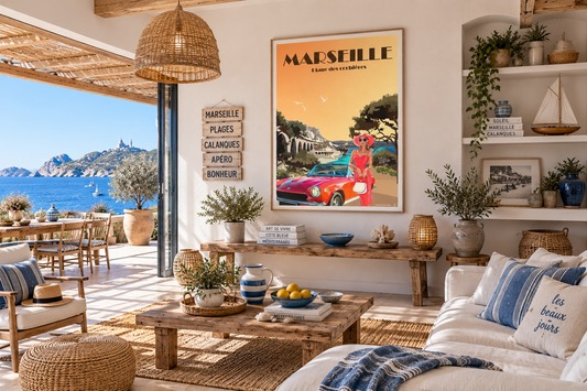 Affiche Marseille vintage dans un salon méditerranéen – décoration murale rétro plage et Côte Bleue, Pais Chocolatine