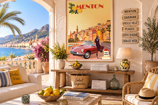 Affiche Menton vintage dans un intérieur Côte d’Azur – décoration murale Riviera et Méditerranée, Pais Chocolatine