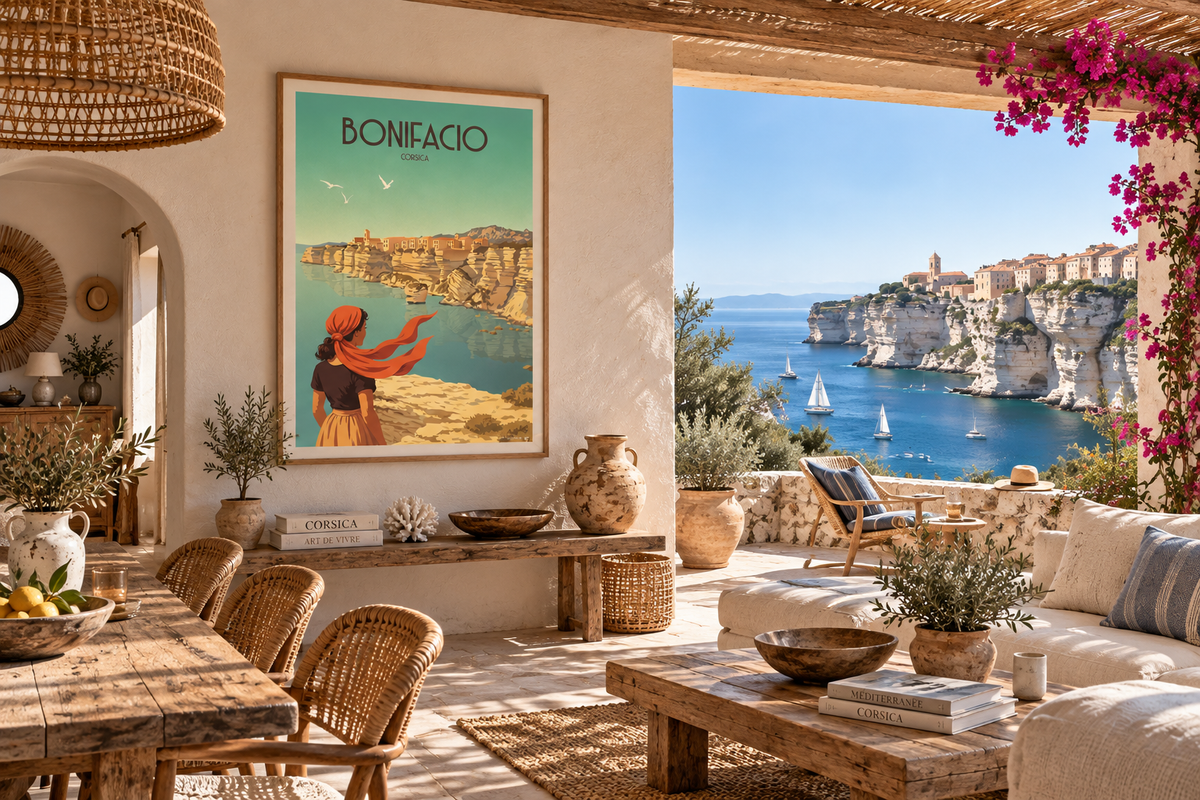 Affiche Bonifacio dans un intérieur esprit Corse avec vue Méditerranée – poster vintage Pais Chocolatine