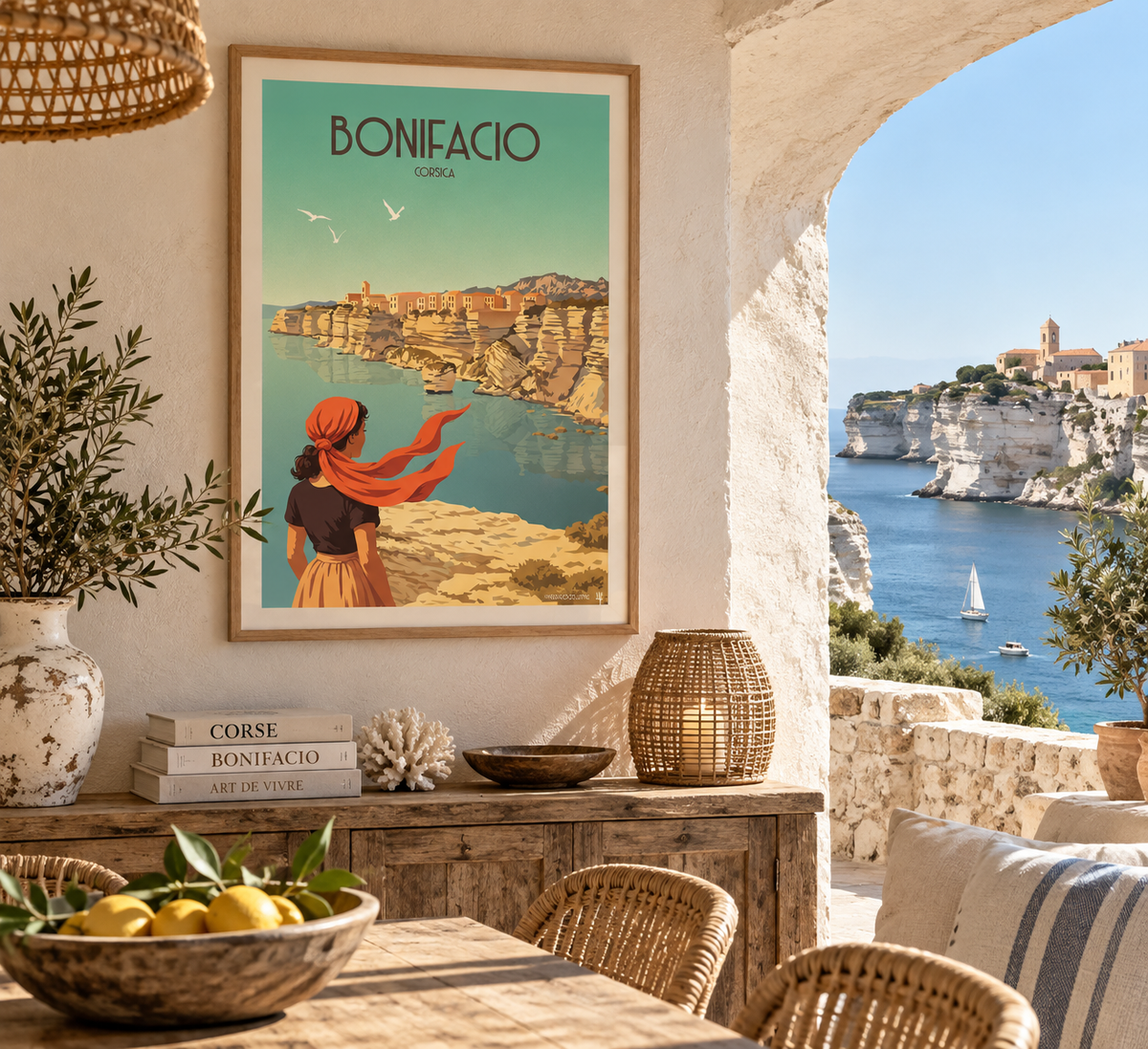 Affiche Bonifacio vintage encadrée dans un intérieur méditerranéen – décoration murale Corse Pais Chocolatine