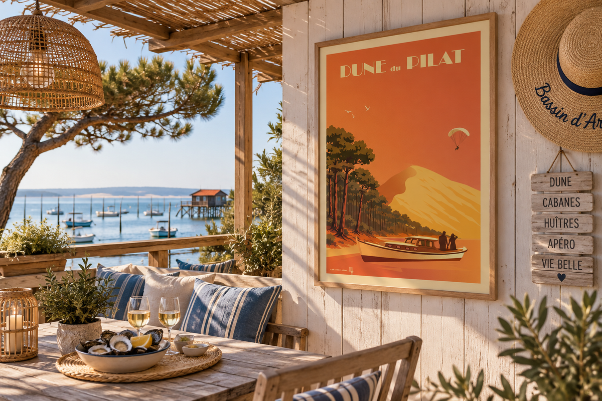 Affiche Dune du Pilat vintage Évasion à Arcachon encadrée – décoration murale Bassin d’Arcachon Pais Chocolatine