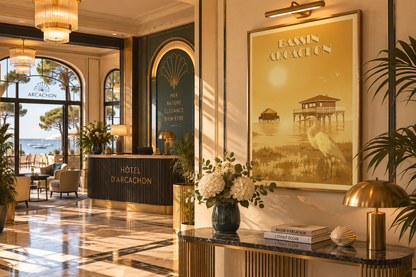 Affiche Île aux Oiseaux Bassin d’Arcachon encadrée dans un intérieur chic – décoration murale vintage Pais Chocolatine
