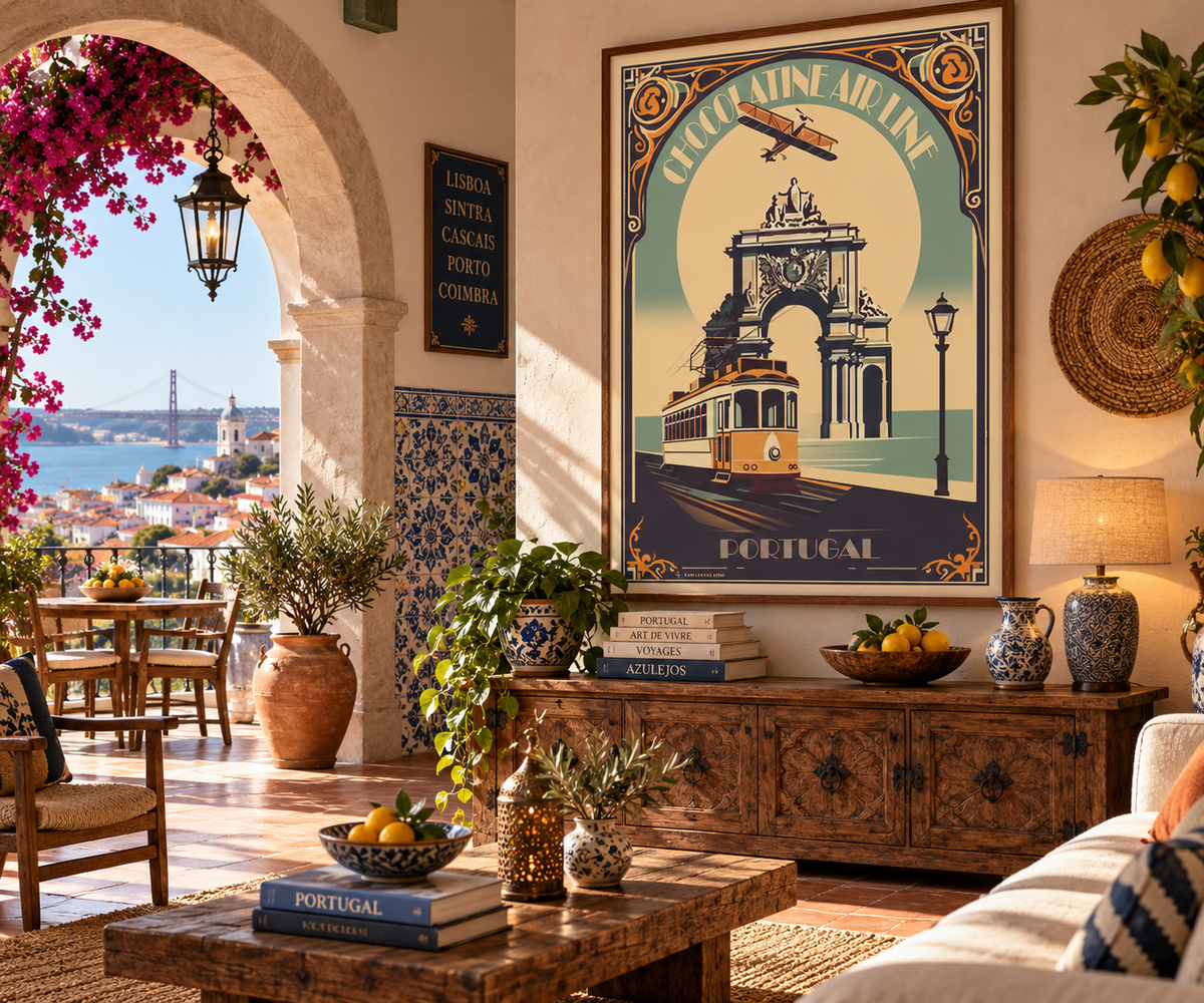 Poster Lisbonne Portugal rétro dans un intérieur portugais – affiche voyage tramway jaune Pais Chocolatine