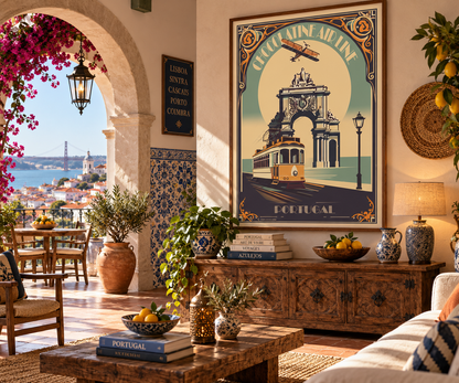 Poster Lisbonne Portugal rétro dans un intérieur portugais – affiche voyage tramway jaune Pais Chocolatine