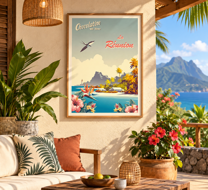 Affiche La Réunion encadrée sur une terrasse tropicale – décoration vintage inspirée de l’océan Indien, Pais Chocolatine