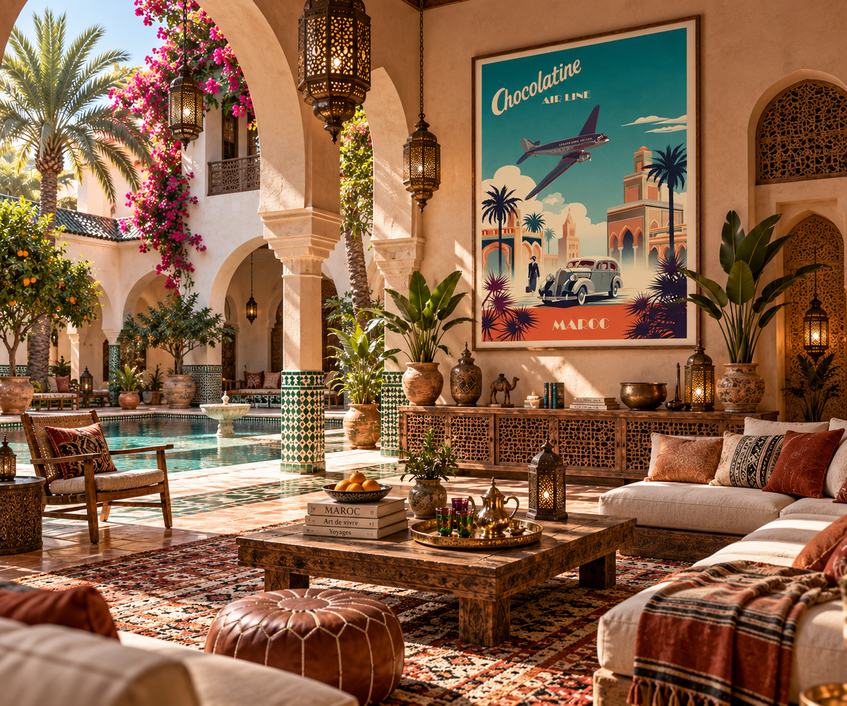 Affiche Maroc vintage encadrée dans un intérieur marocain – décoration murale Marrakech et voyage Pais Chocolatine