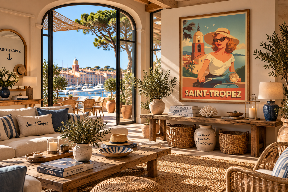 Poster Saint-Tropez dans un salon esprit Riviera avec vue sur le port – décoration murale vintage Pais Chocolatine