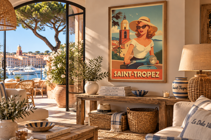 Affiche Saint-Tropez vintage encadrée dans un intérieur méditerranéen – décoration Côte d’Azur Pais Chocolatine