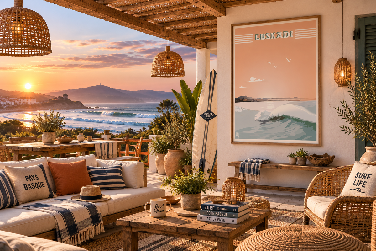 Poster Euskadi vintage sur une terrasse avec vue sur l’océan – surf, vagues et décoration Côte Basque Pais Chocolatine