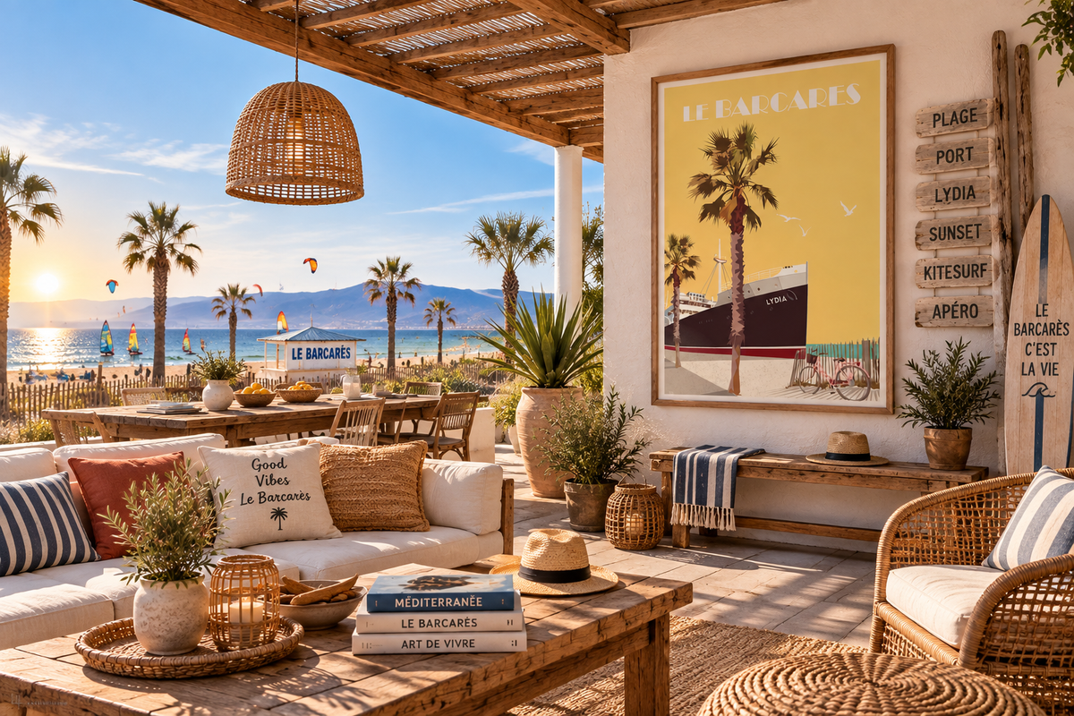 Affiche vintage Le Lydia au Barcarès dans une terrasse méditerranéenne – poster plage et vacances Pais Chocolatine